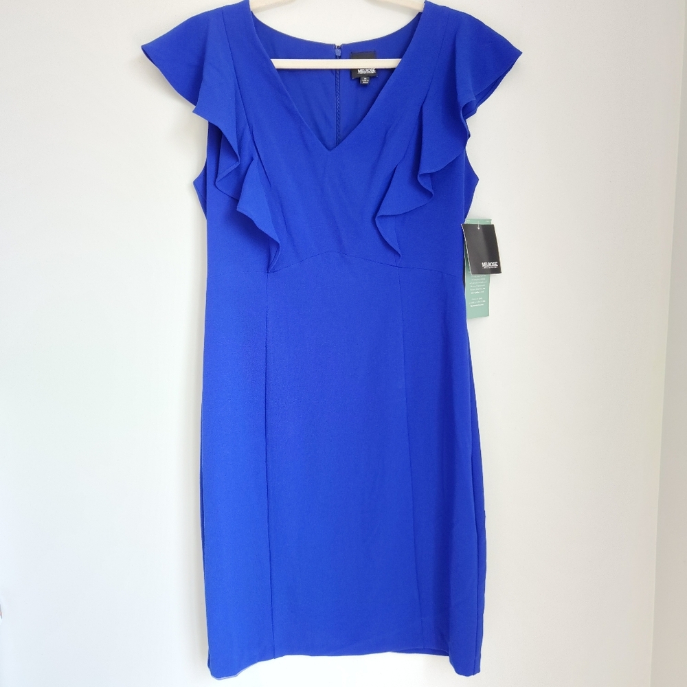 Melrose Cobalt Blue V-Neck Ruffle Cap Sleeve Mini Fitted Sheath Dress Size 10